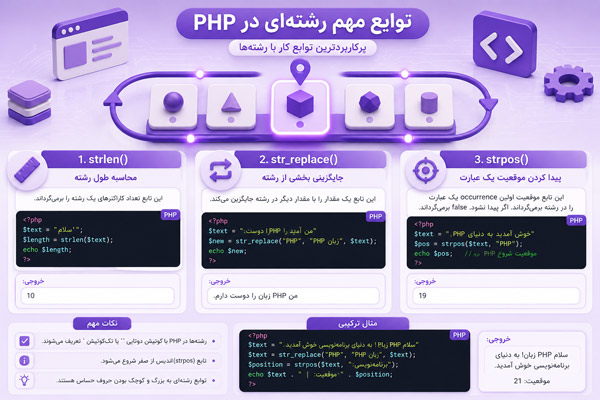 آموزش جامع و کاربردی توابع رشته‌ای در PHP (توابع strlen، str_replace و strpos)