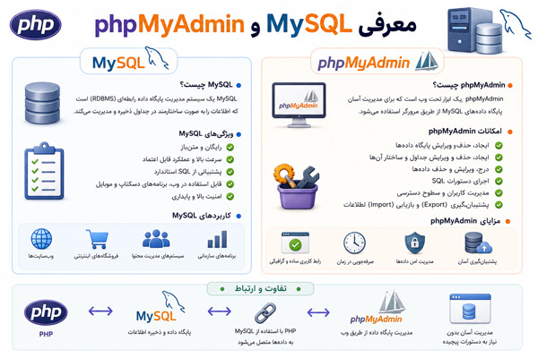 معرفی MySQL و phpMyAdmin: راهنمای جامع مدیریت پایگاه داده برای توسعه‌دهندگان وب