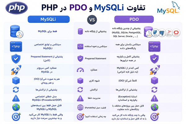 مقایسه کامل و جامع MySQLi و PDO در PHP: کدام یک برای پروژه شما مناسب‌تر است؟