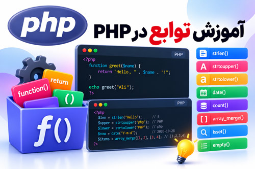 آموزش جامع توابع در PHP: راهنمای کامل ساخت توابع سفارشی و استفاده از توابع داخلی